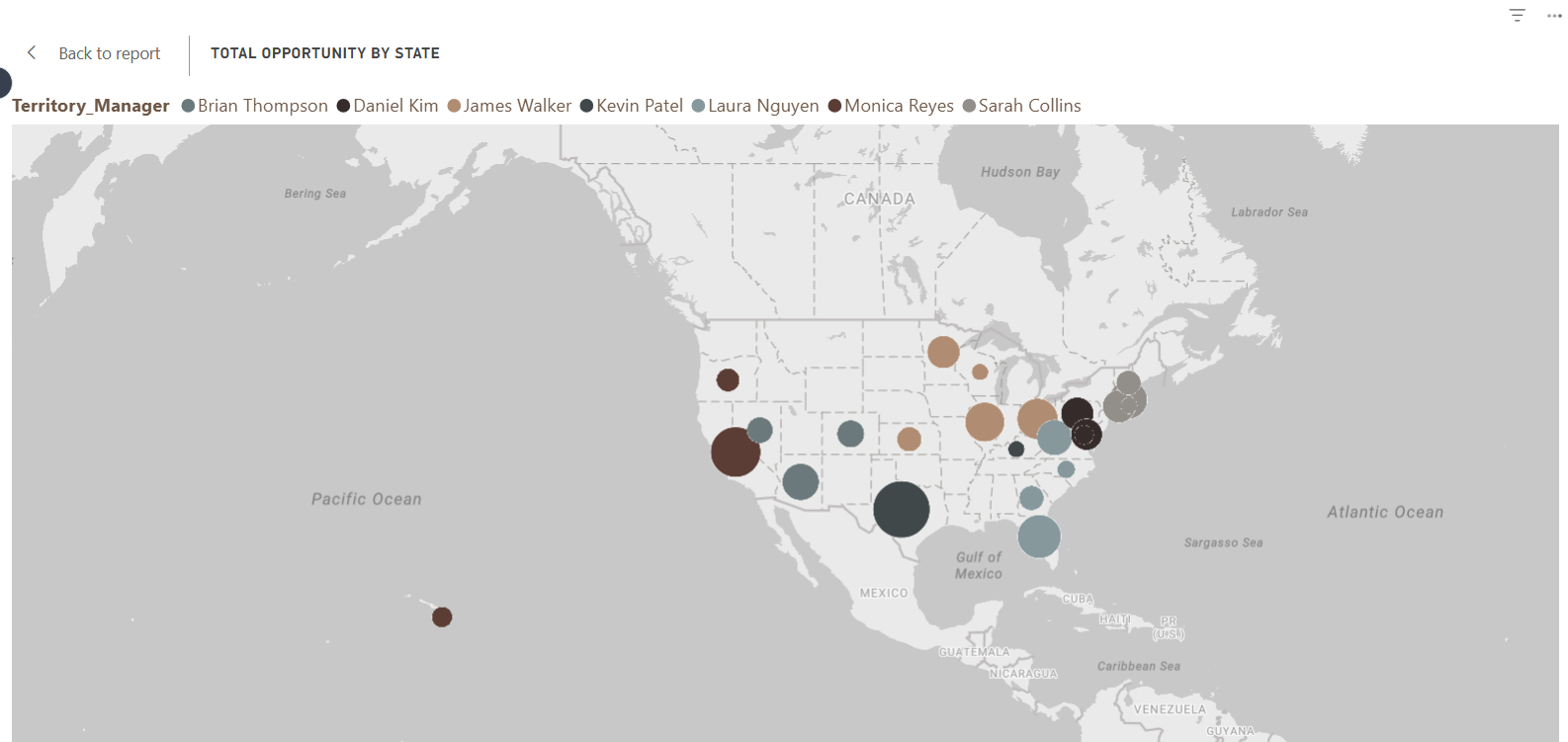 Total Opportunity by State — territory manager bubble map